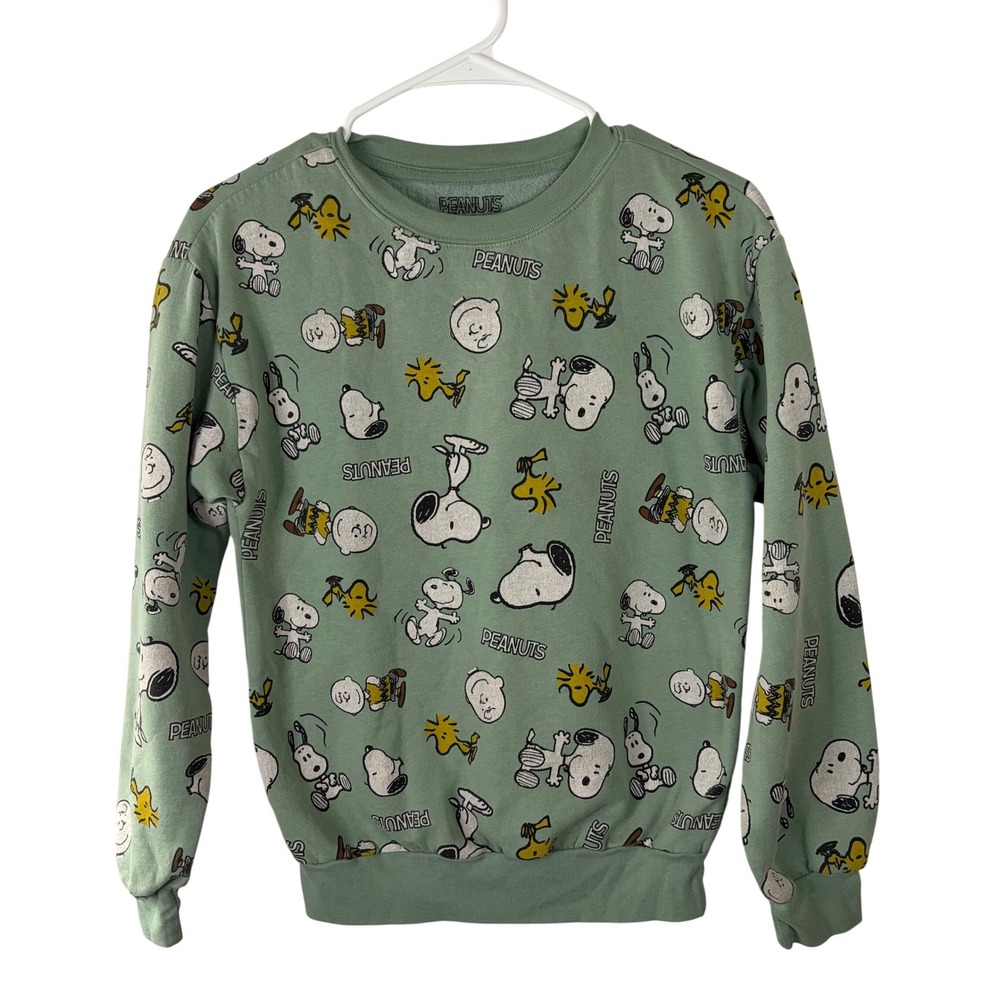 Peanuts Snoopy Woodstock Charlie Brown Sweatshirt Olive Green All Over Print XS